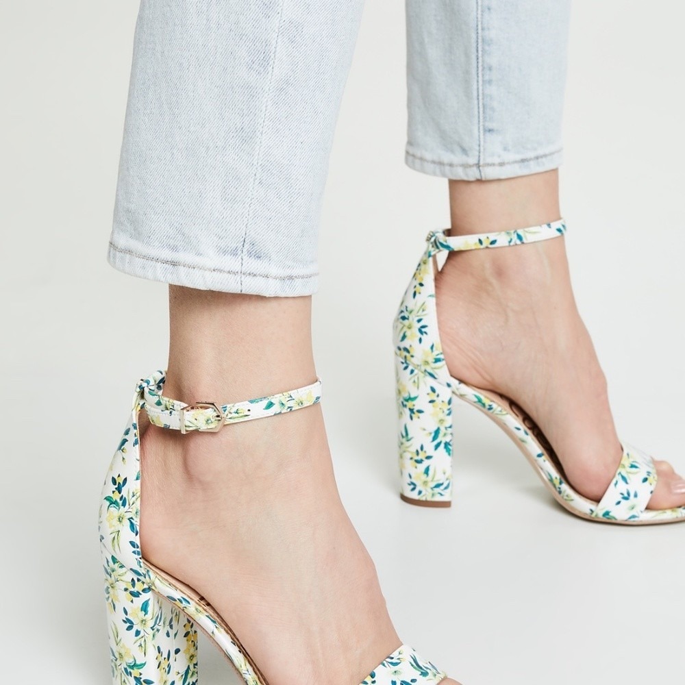 Sam Edelman Yaro Sandals Women 9.5M White Floral Block Heel Strappy Shoes